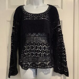 DELETTA ANTHROPOLOGIE Open Knit Navy Blue Lacey Whimsical Boho Spring Sweater L